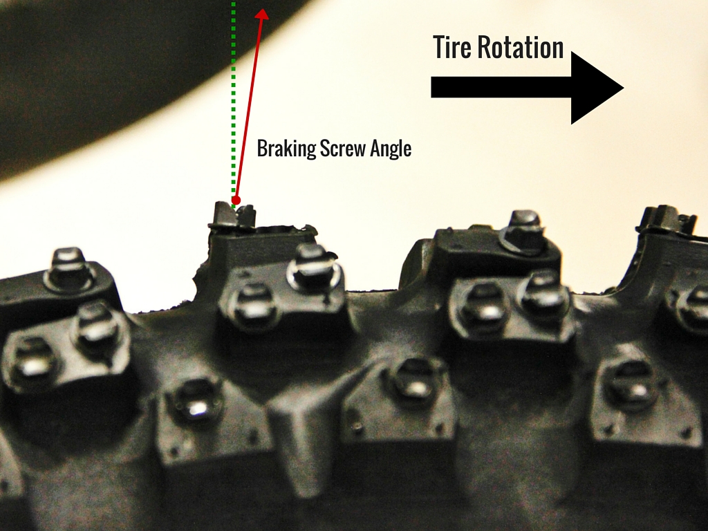 Ice tire braking screws